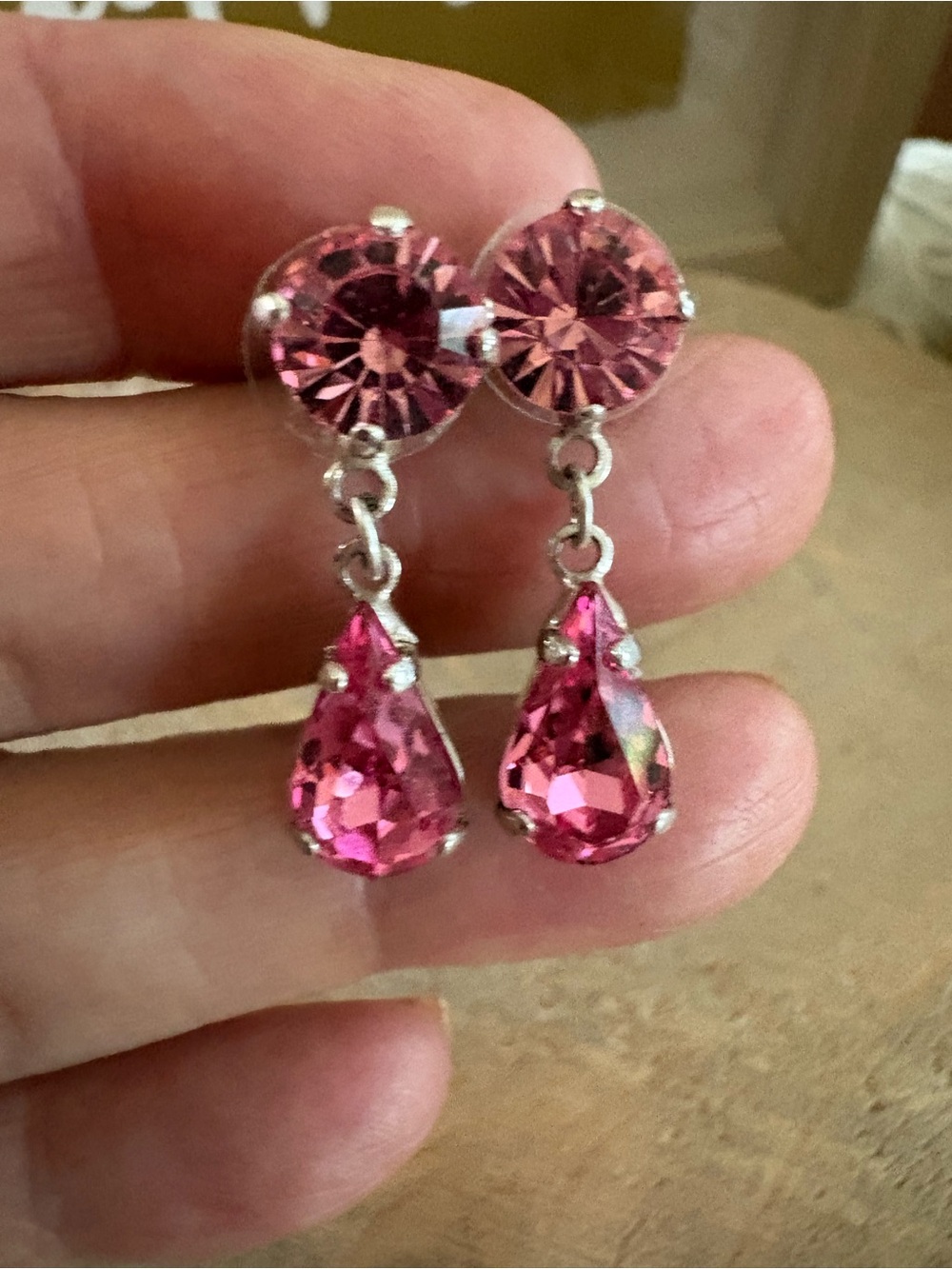 Pink Crystal Teardrop Dangle Earrings | Silver Tone Rhinestone Drop Earrings
